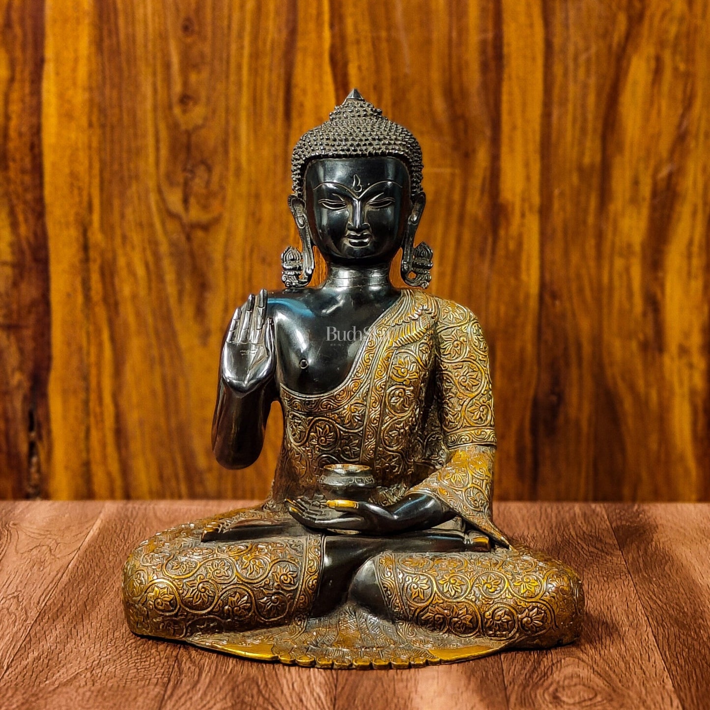 Buddha Brass Idol, Buddha Statue, Brass Buddha Aashirwad Mudra Statue, Black and Golden Finish 17 inches - Budhshiv.com