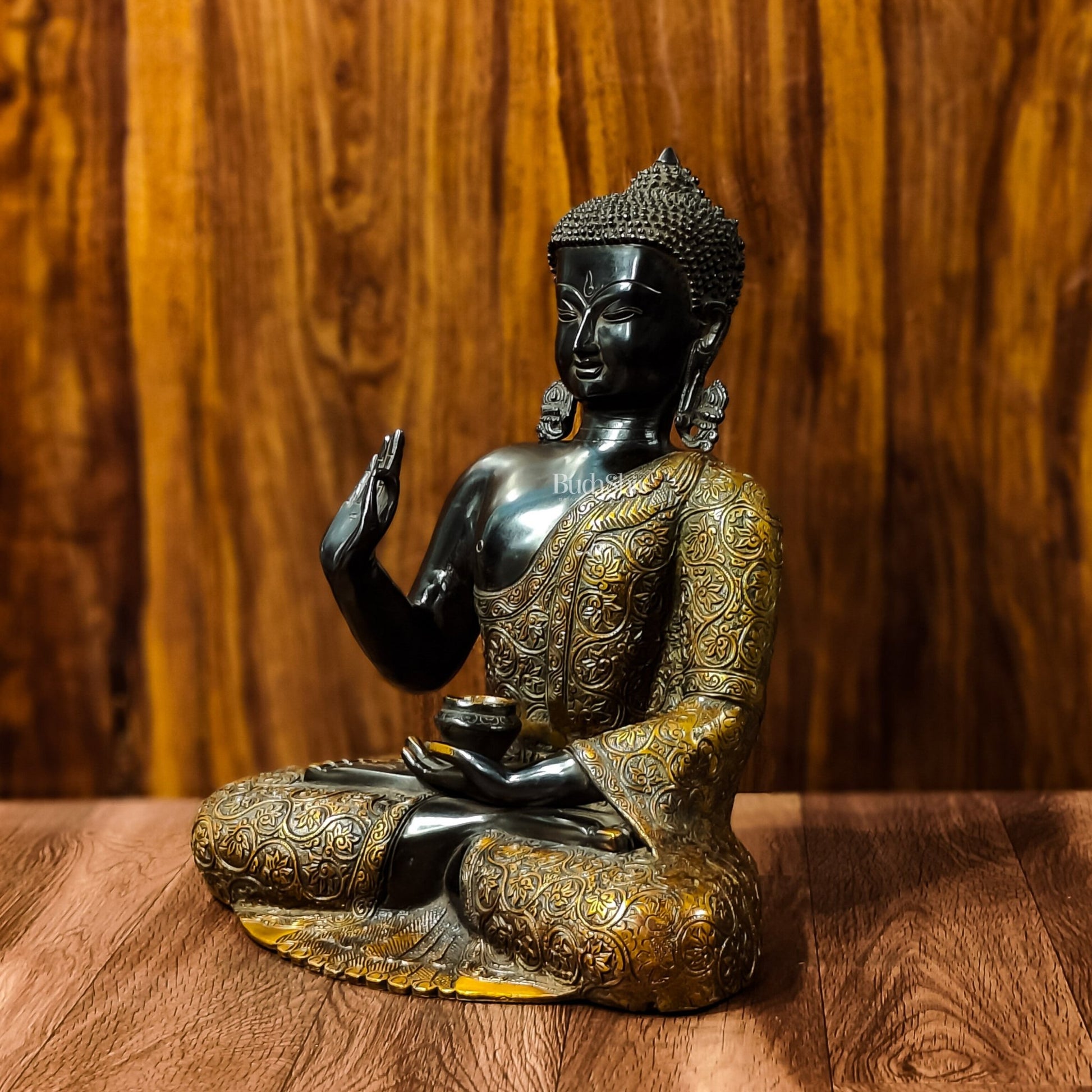 Buddha Brass Idol, Buddha Statue, Brass Buddha Aashirwad Mudra Statue, Black and Golden Finish 17 inches - Budhshiv.com