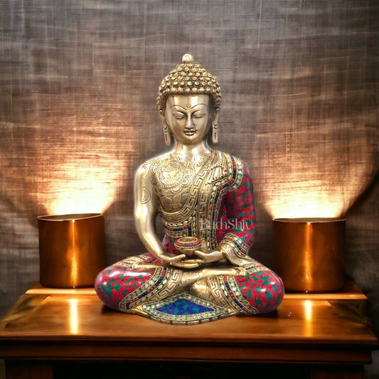 Buddha Brass Idol meditation with stonework 12 inches - Budhshiv.com