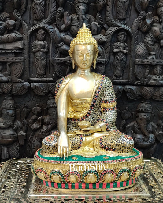 Buddha Brass Statue 16 inch Enlightenment Buddha with Natural stonework - Budhshiv.com