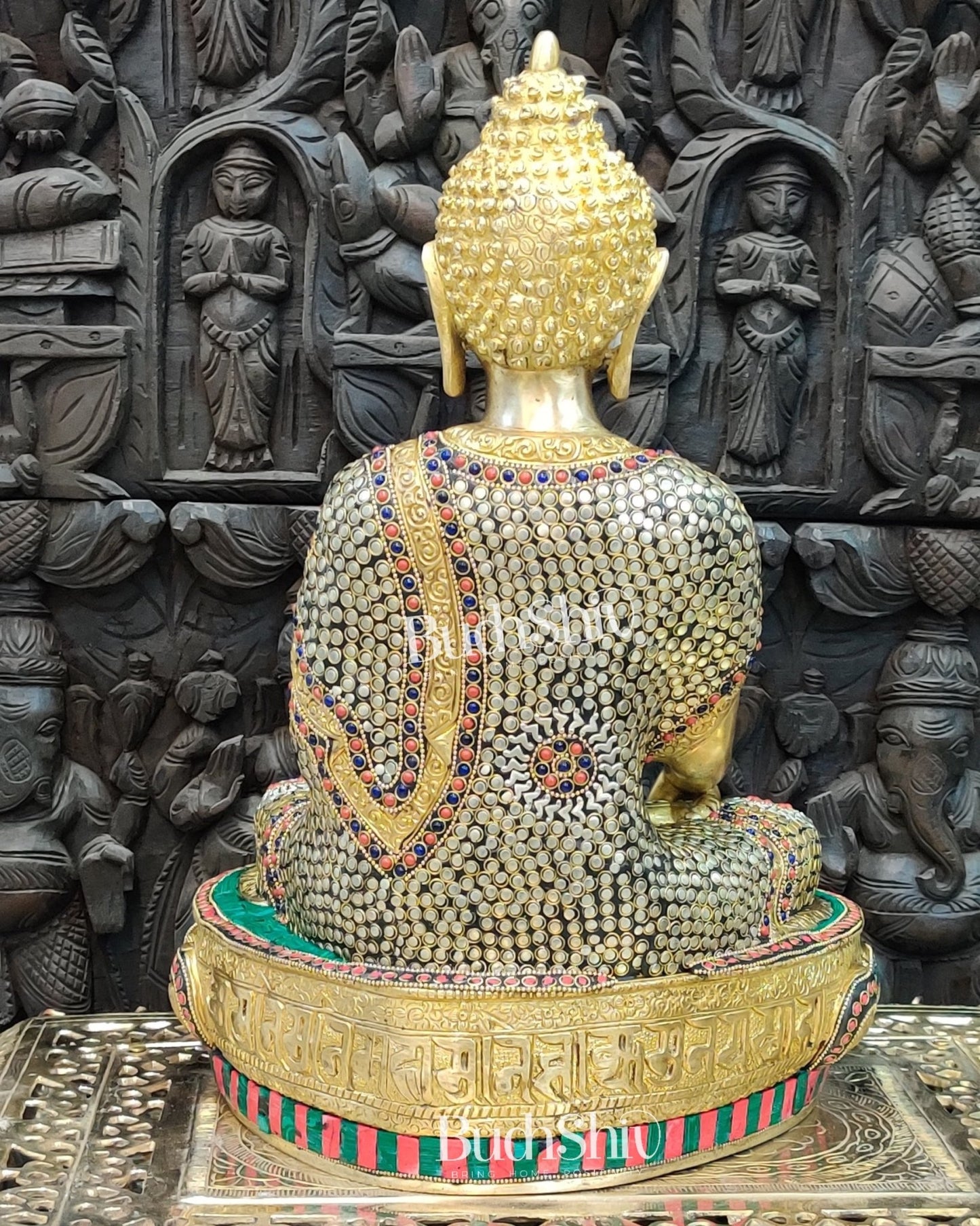 Buddha Brass Statue 16 inch Enlightenment Buddha with Natural stonework - Budhshiv.com