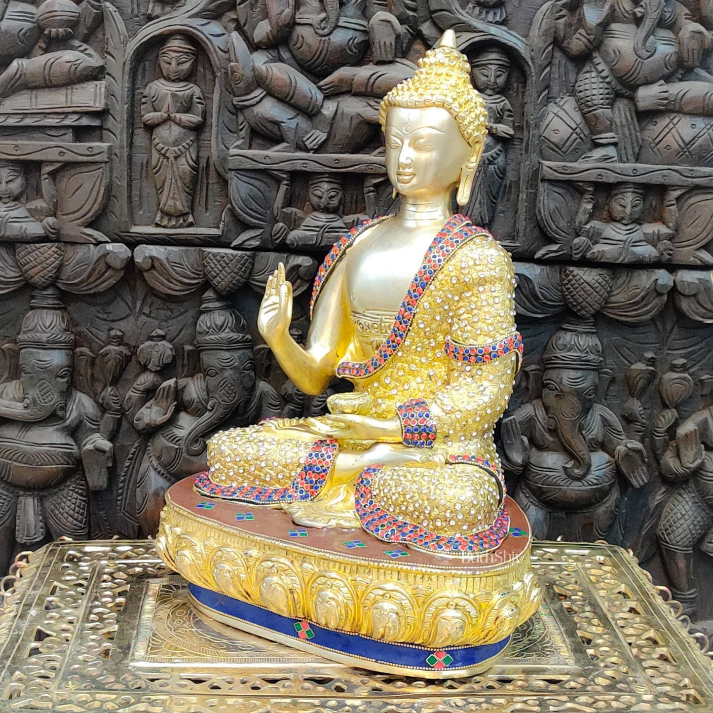 Buddha Brass Statue 16 inch Shakyamuni Mudra with Gems and Natural stonework - Budhshiv.com