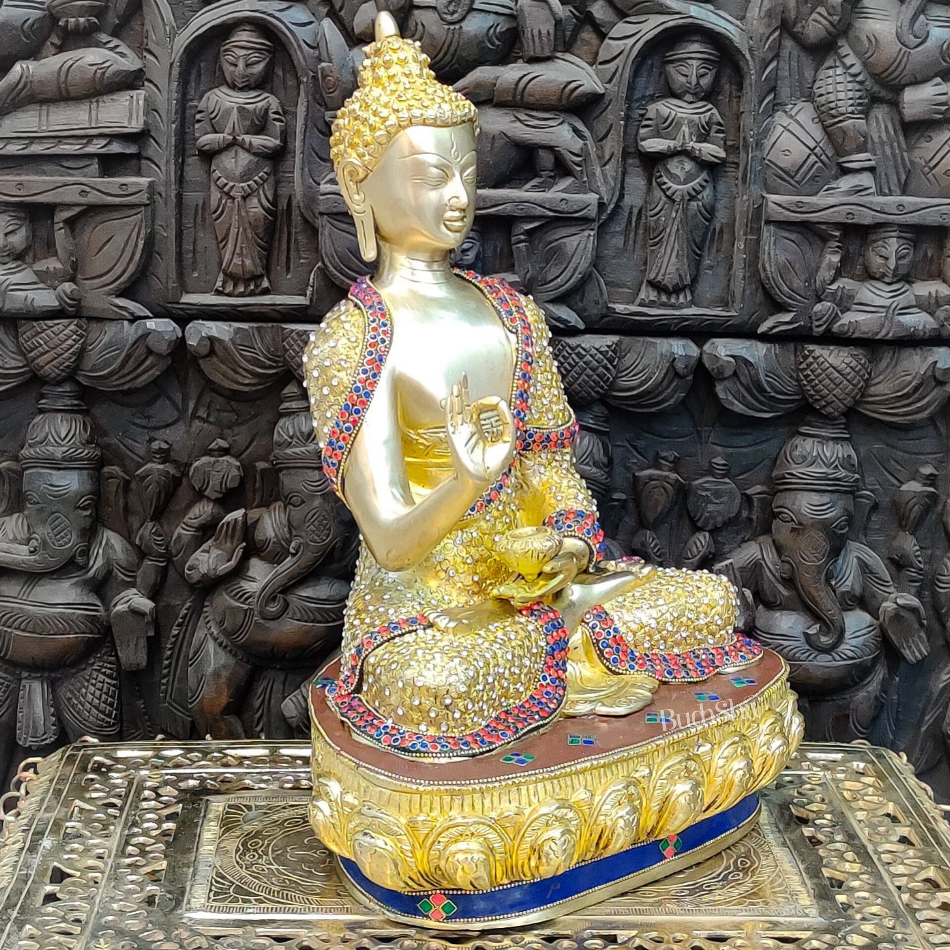 Buddha Brass Statue 16 inch Shakyamuni Mudra with Gems and Natural stonework - Budhshiv.com