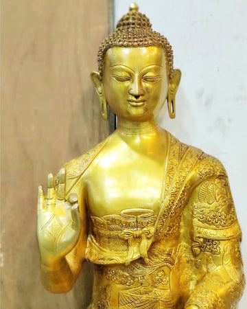 Buddha Brass Statue Lifestory Aashirwaad Mudra 33 inch - Budhshiv.com