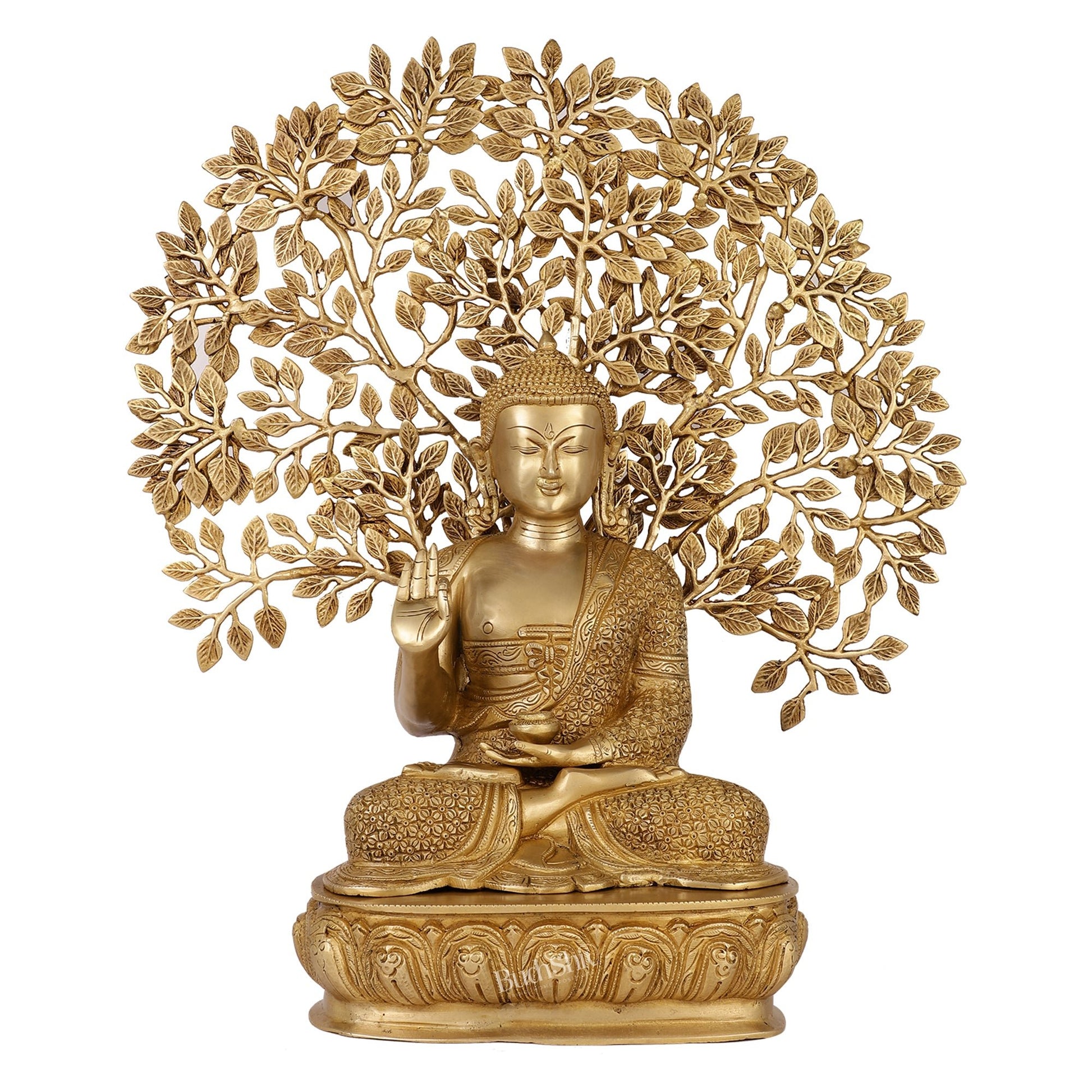 Buddha Brass statue with bodhi tree 25 inches matte - Budhshiv.com