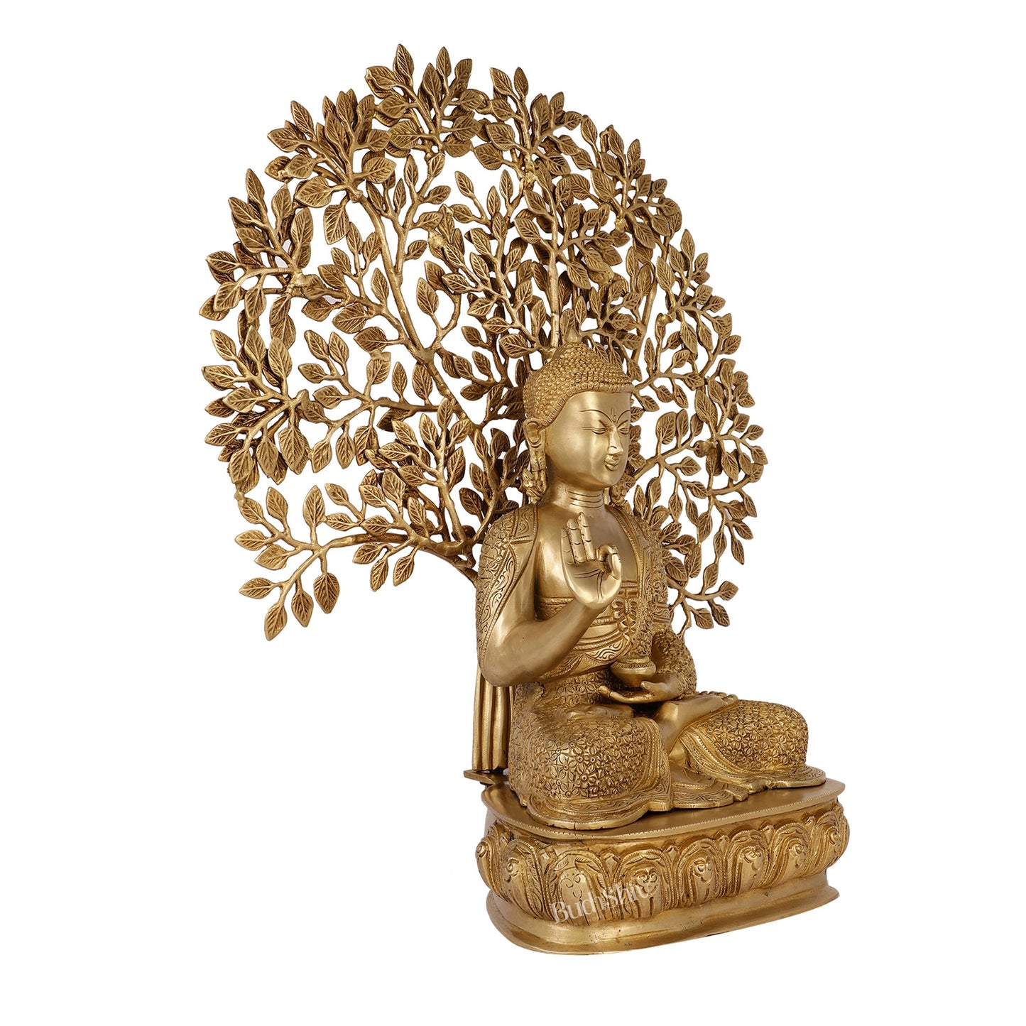 Buddha Brass statue with bodhi tree 25 inches matte - Budhshiv.com