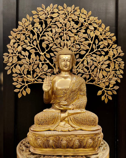 Buddha Brass statue with bodhi tree 25 inches - Budhshiv.com