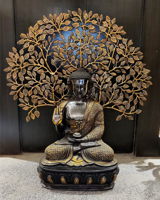 Buddha Brass statue with Bodhi tree 25 inches - Budhshiv.com