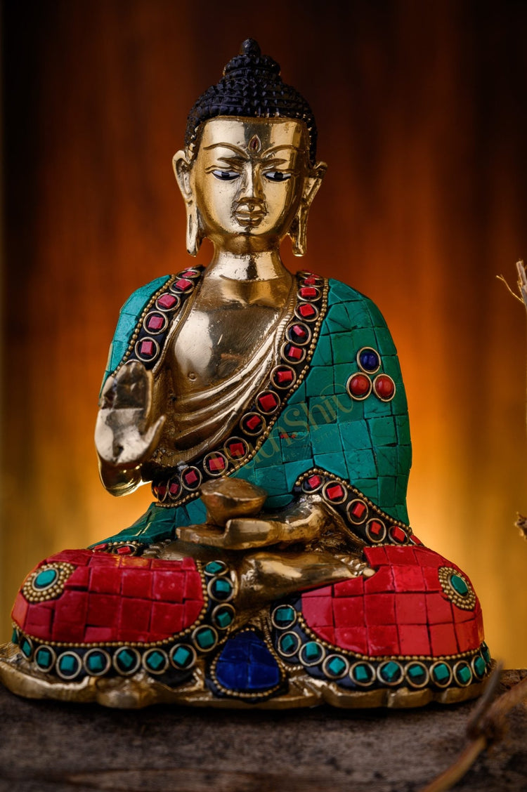 Buddha Idol in Brass Covered in Stones for Home Decor Meditation Office - Budhshiv.com