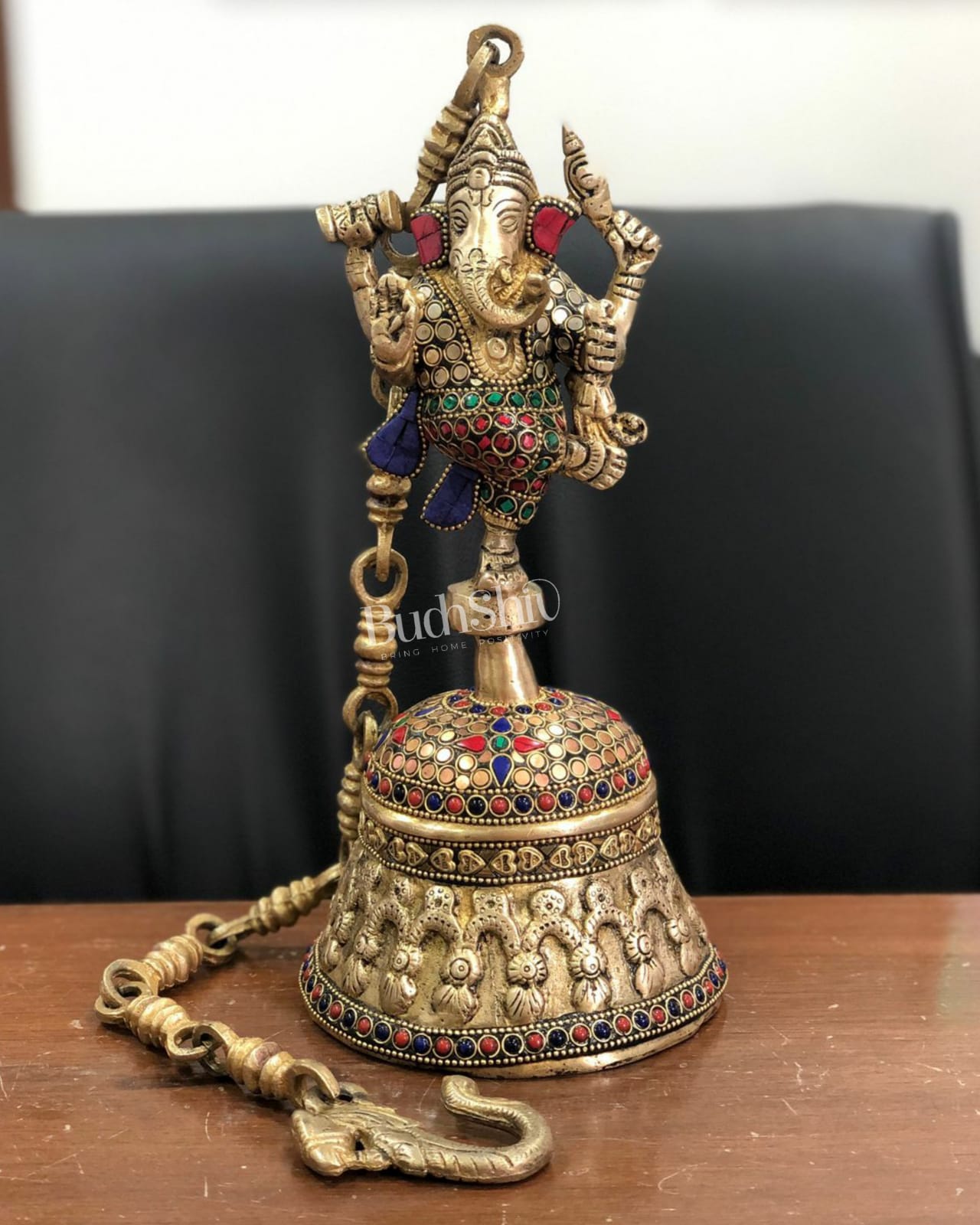 BudhShiv Brass Decor - Dancing Ganesha Hanging Bell with Stonework (22") - Budhshiv.com