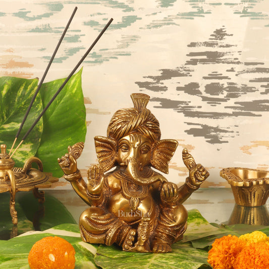 Ganesha Turban Unique Idol for Home Temple/Study Table/ Living Room / Gifting ( Golden) - Budhshiv.com