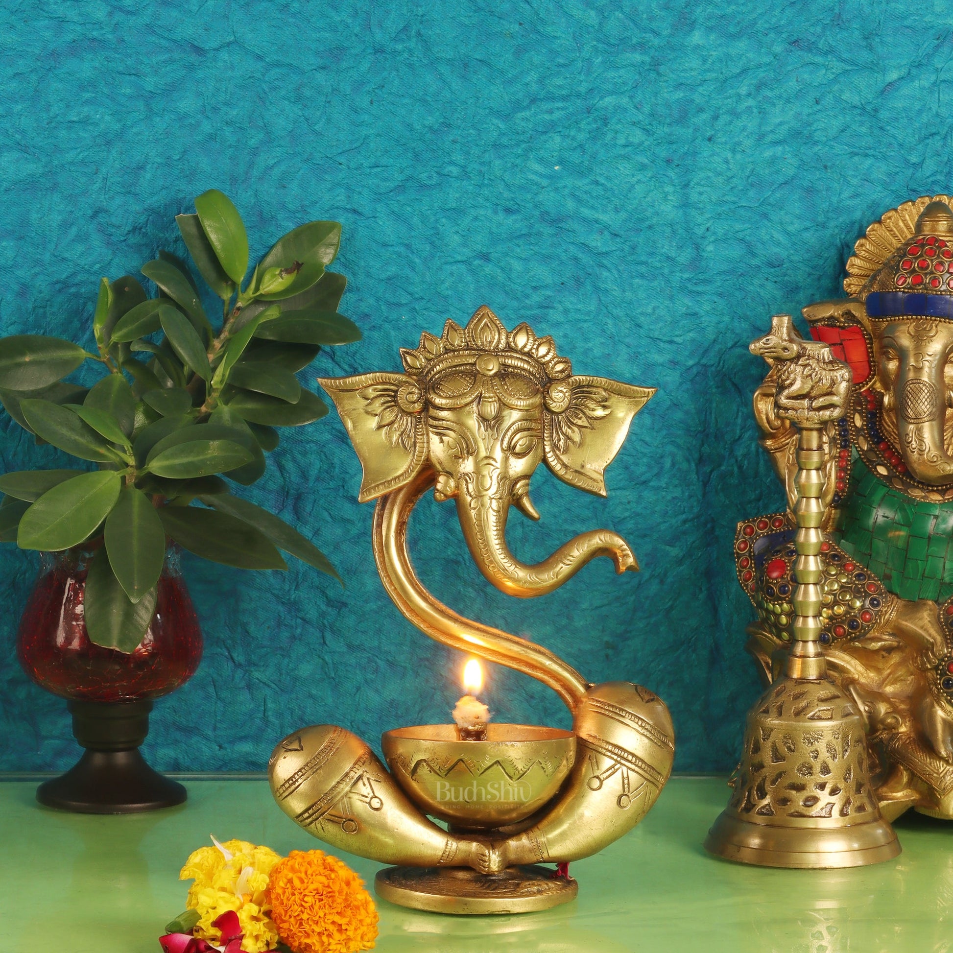 Buy Brass Abstract Ganesha with Engraved Design Diya - BudhShiv - Budhshiv.com