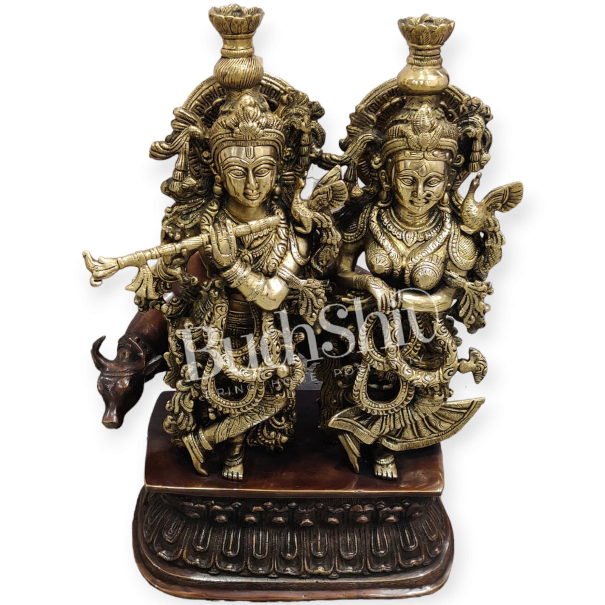 Buy Brass Radha Krishna with Cow Idol - Brass and Antique Chola Brown - 21 inch - Budhshiv.com