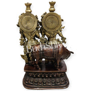 Buy Brass Radha Krishna with Cow Idol - Brass and Antique Chola Brown - 21 inch - Budhshiv.com