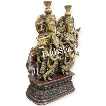 Buy Brass Radha Krishna with Cow Idol - Brass and Antique Chola Brown - 21 inch - Budhshiv.com