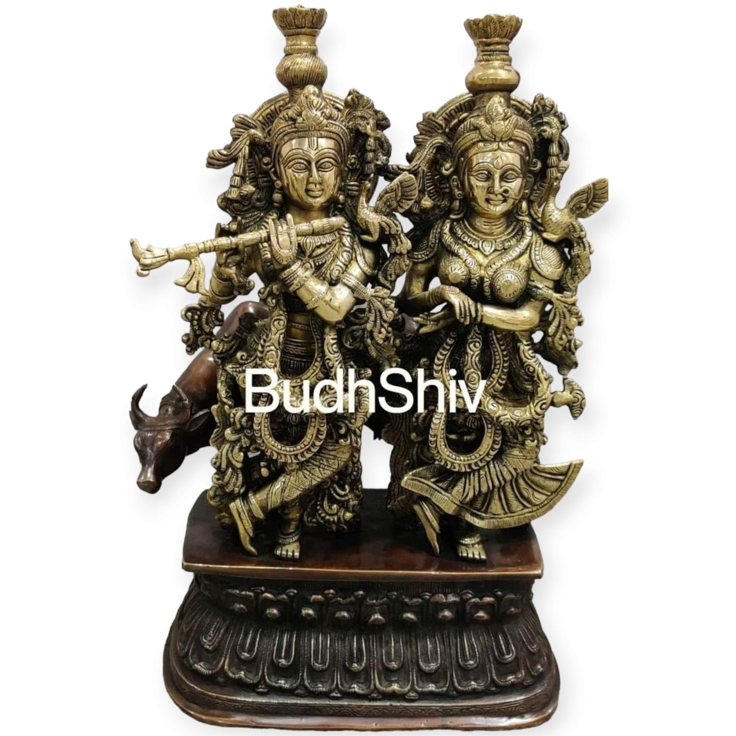 Buy Brass Radha Krishna with Cow Idol - Brass and Antique Chola Brown - 21 inch - Budhshiv.com