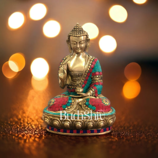 Calm Brass Buddha Statue with Stonework | 12 inch - Budhshiv.com