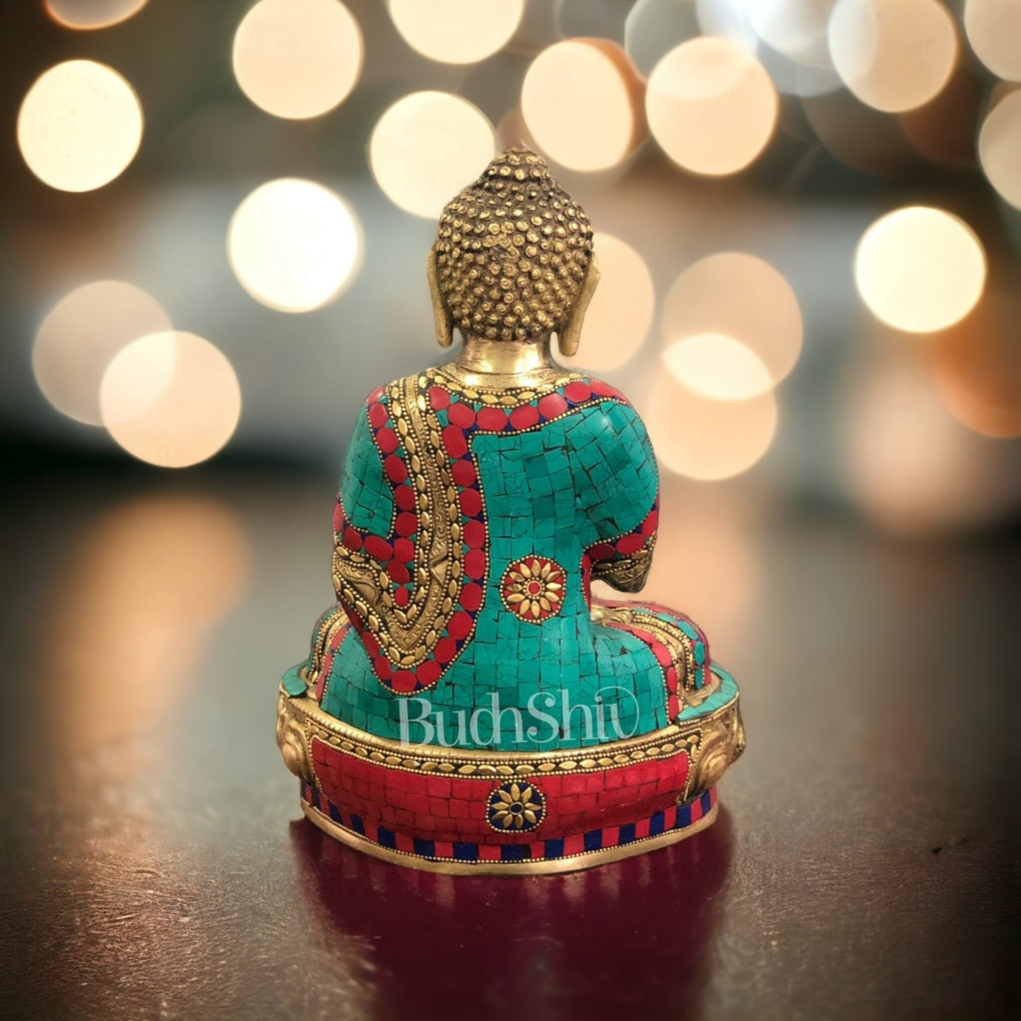 Calm Brass Buddha Statue with Stonework | 12 inch - Budhshiv.com