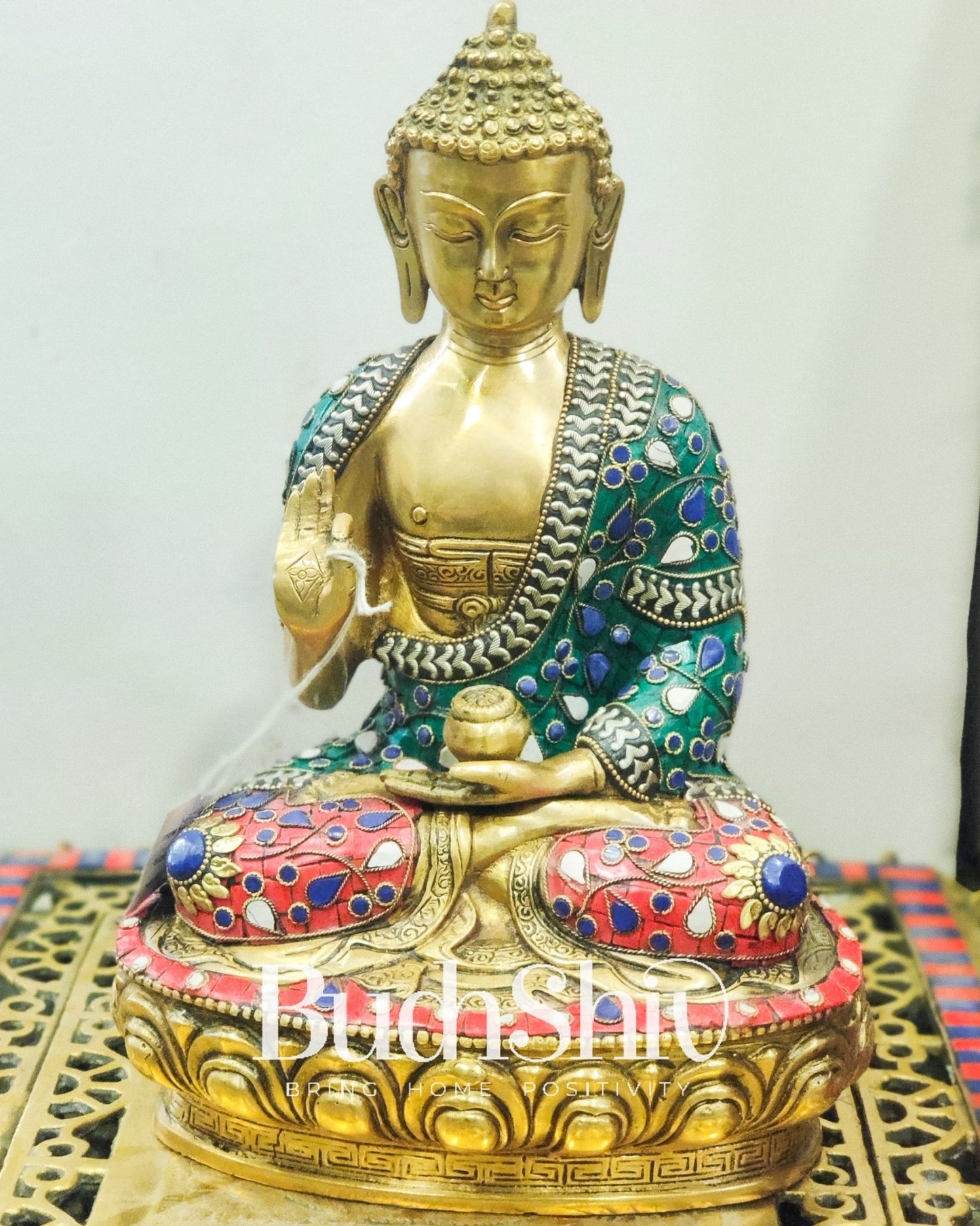 Calm Brass Buddha Statue with Stonework | 12 inches - Budhshiv.com