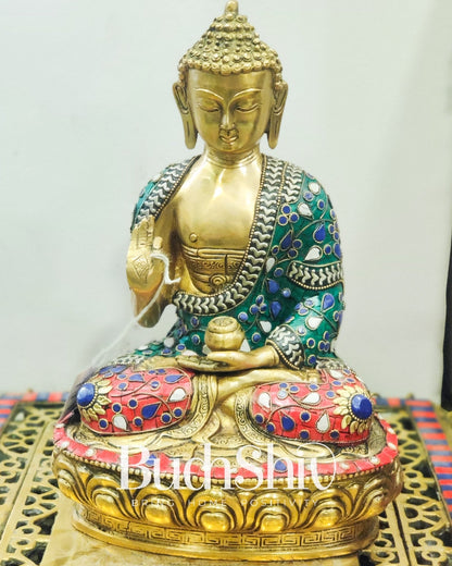 Calm Brass Buddha Statue with Stonework | 12 inches - Budhshiv.com