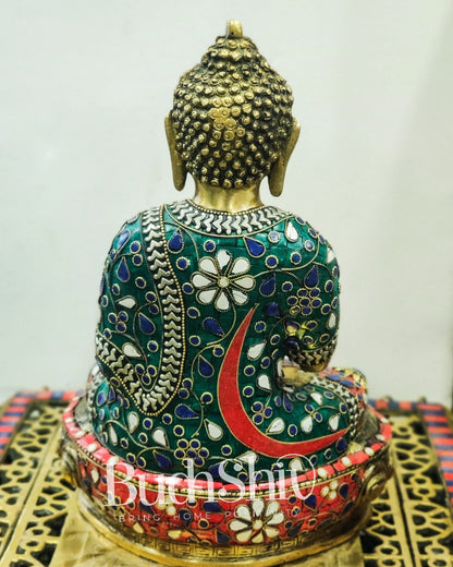 Calm Brass Buddha Statue with Stonework | 12 inches - Budhshiv.com