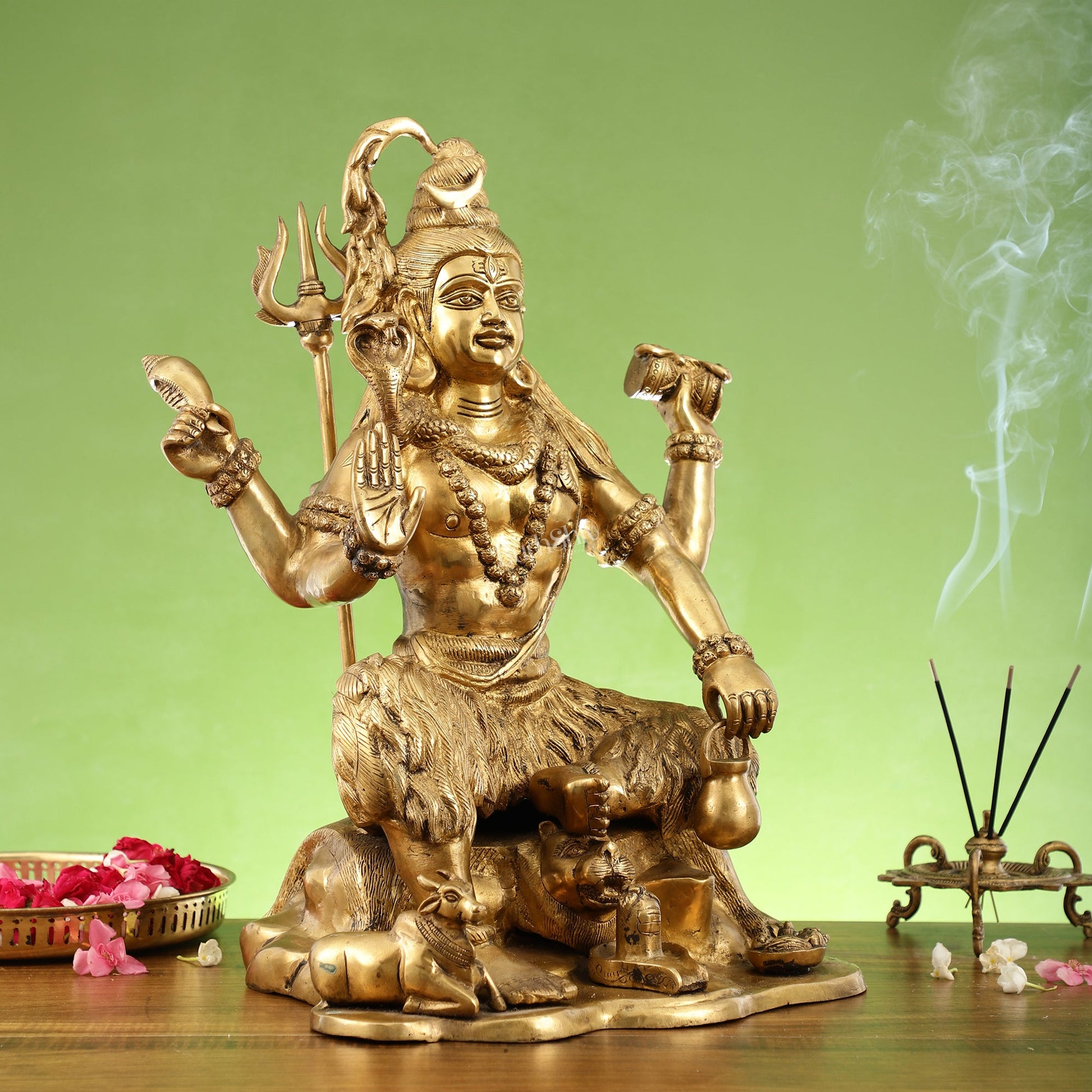 Chaturbhuja Shiva Brass Statue with Nandi - 18" Height - Budhshiv.com