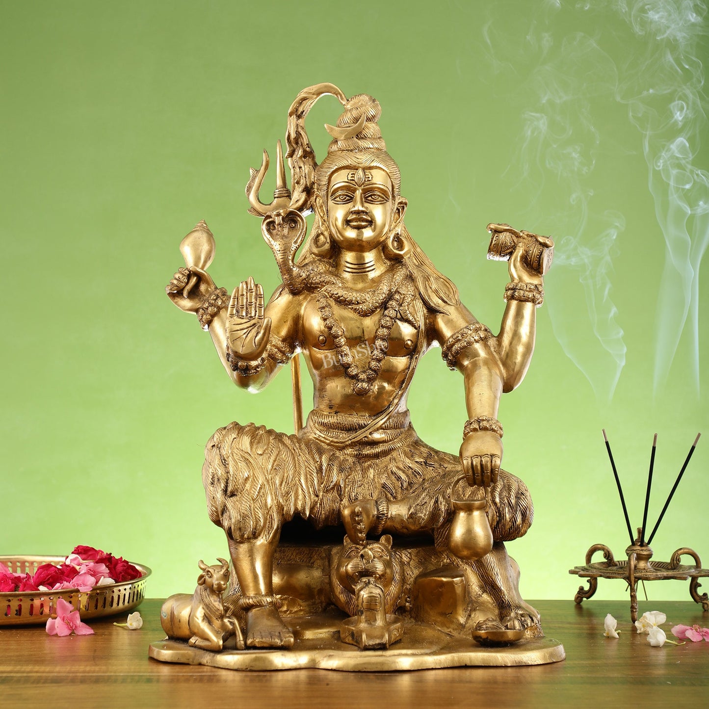 Chaturbhuja Shiva Brass Statue with Nandi - 18" Height - Budhshiv.com