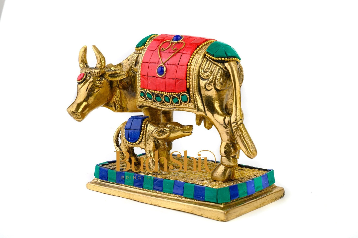 Cow and Calf Brass Statue Dressed in Stones | Kaamdhenu Cow Idol - Budhshiv.com