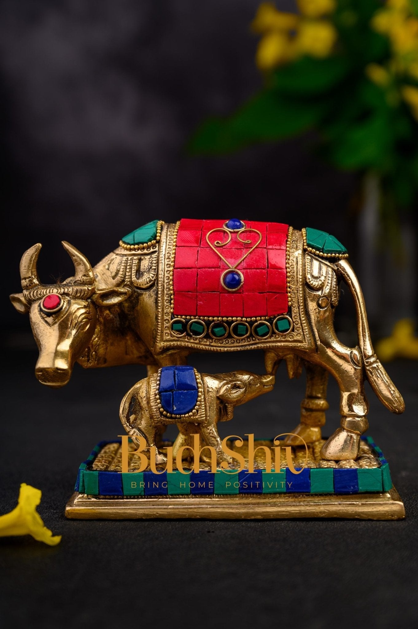 Cow and Calf Brass Statue Dressed in Stones | Kaamdhenu Cow Idol - Budhshiv.com