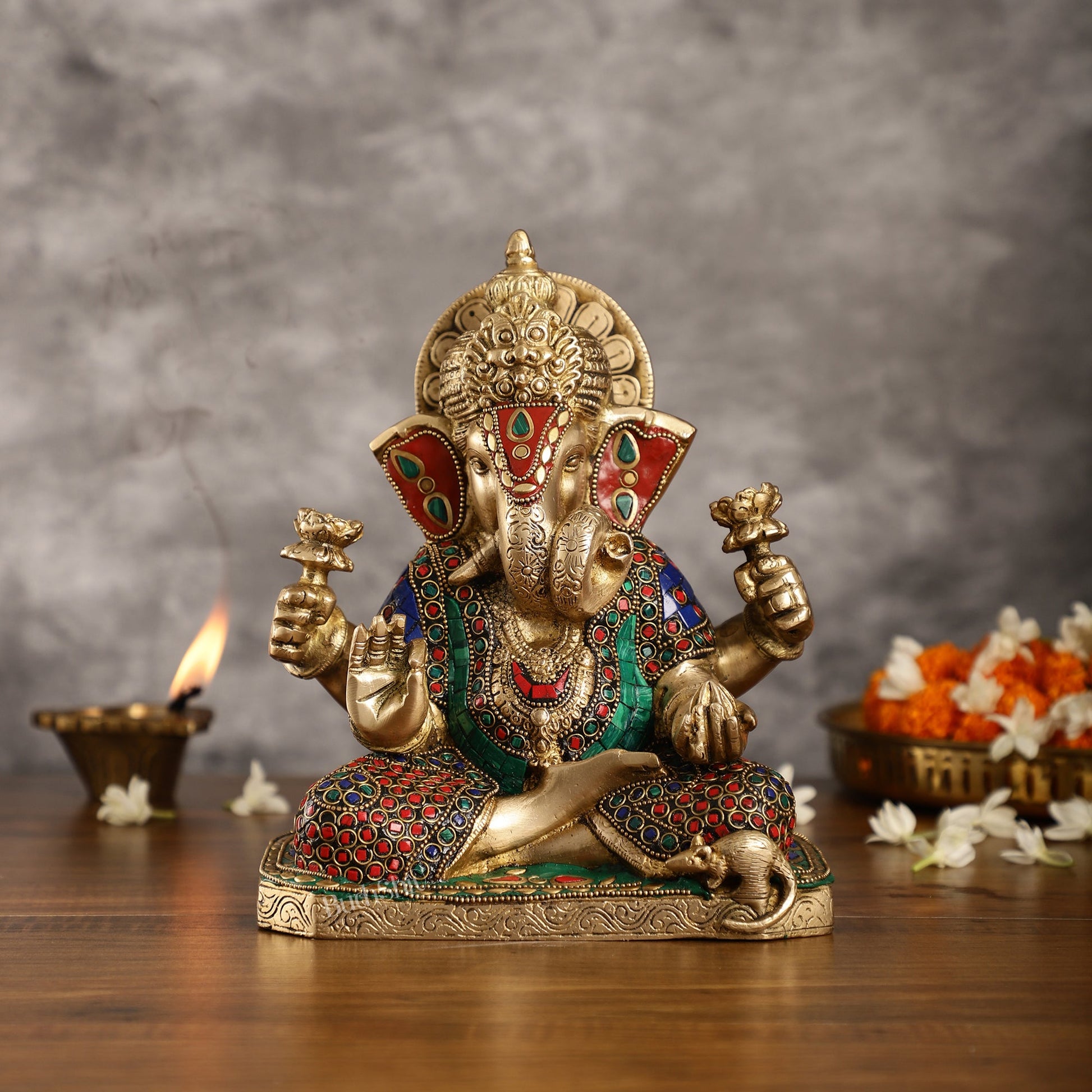 Dagdusheth Ganpati Brass Statue stonework - Budhshiv.com