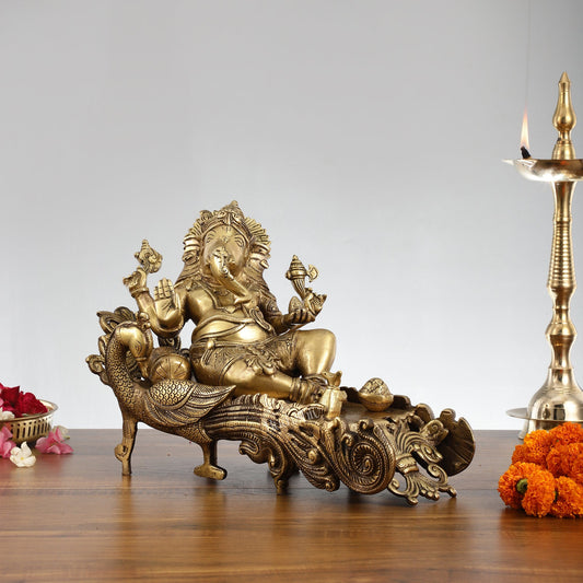 Divine 10 Inch Brass Ganapathi Idol on Peacock Throne - Handcrafted Masterpiece - Budhshiv.com