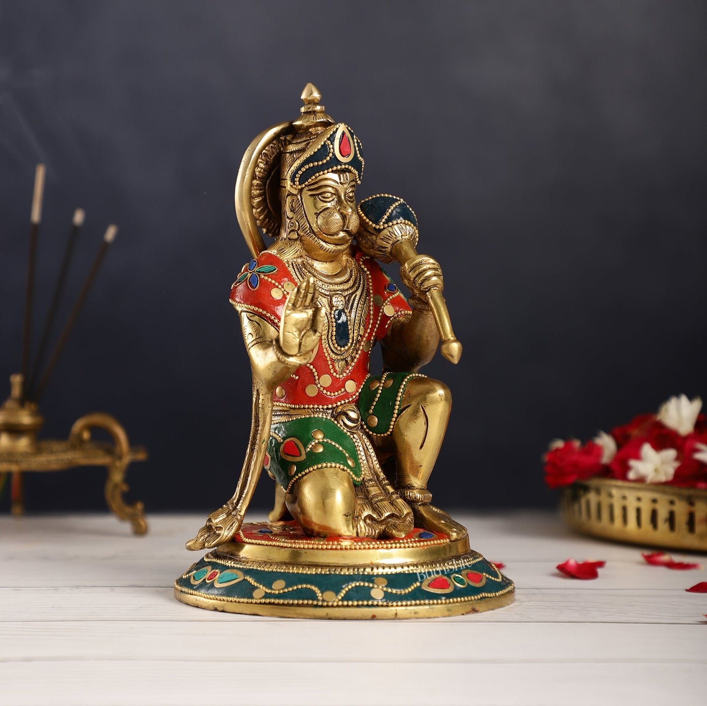 Divine 8.5-Inch Brass Gadadhari Hanuman Idol - Blessing Pose Aashirwad Mudra - Budhshiv.com