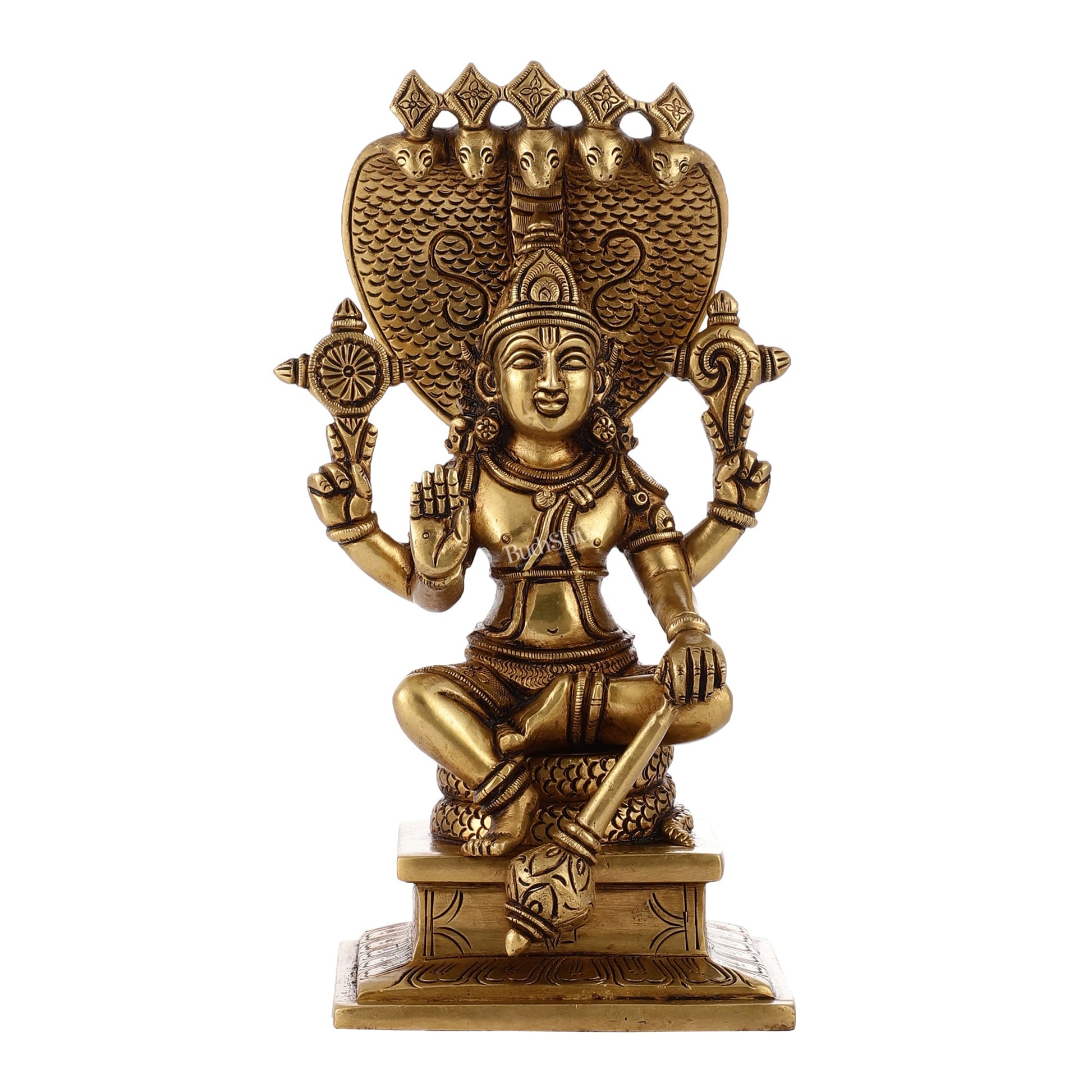 Divine 9 Inch Brass Lord Vishnu Seated with Sheshanaag Idol - Budhshiv.com