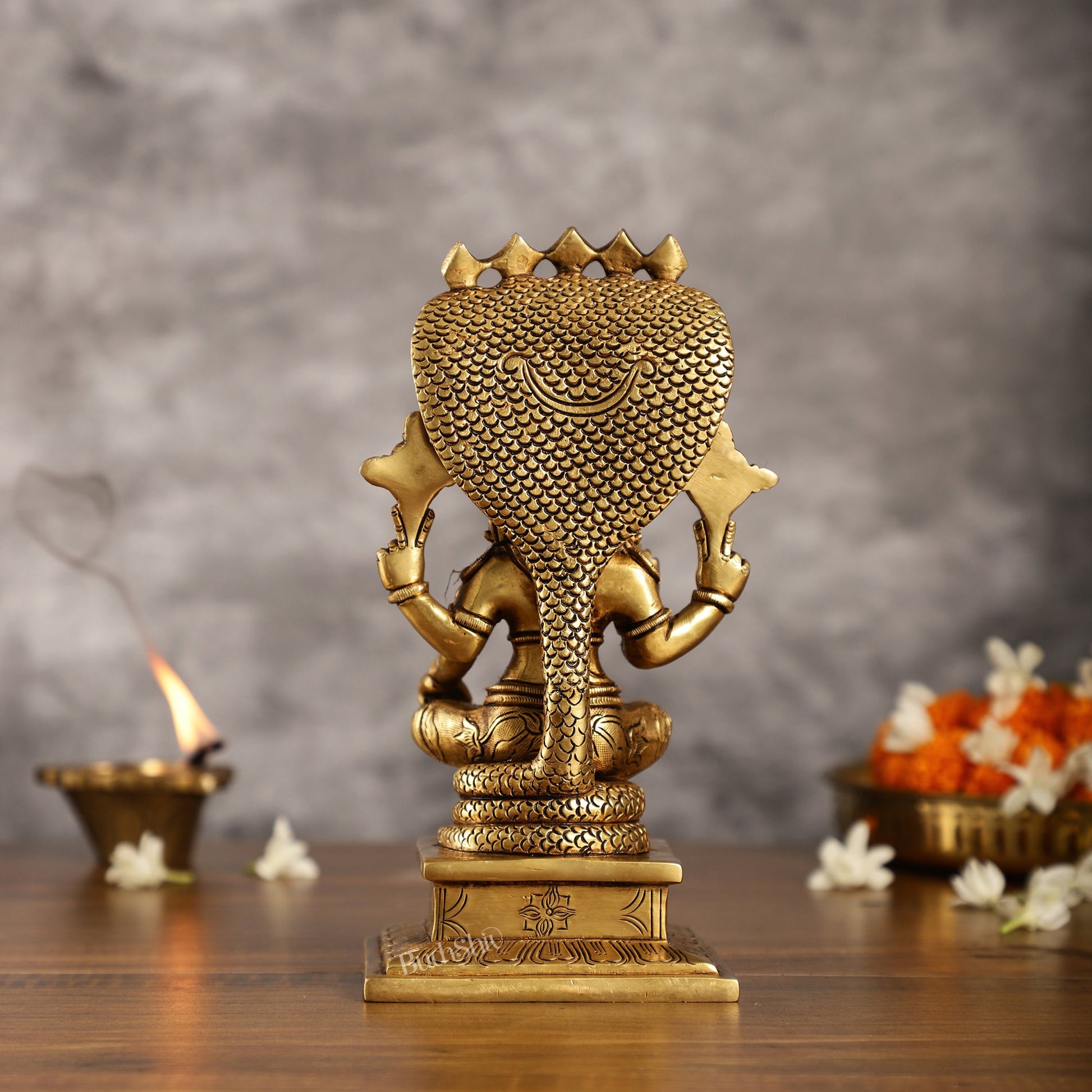 Divine 9 Inch Brass Lord Vishnu Seated with Sheshanaag Idol - Budhshiv.com