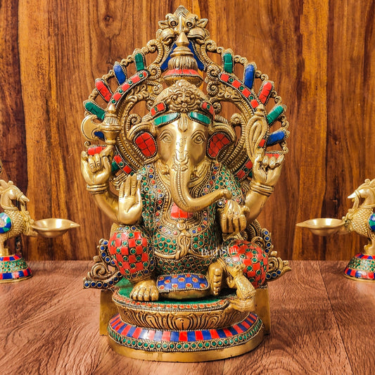 Divine Aura: Brass Ganesha Statue with Natural Stone-Adorned Prabhavali 14" - Budhshiv.com