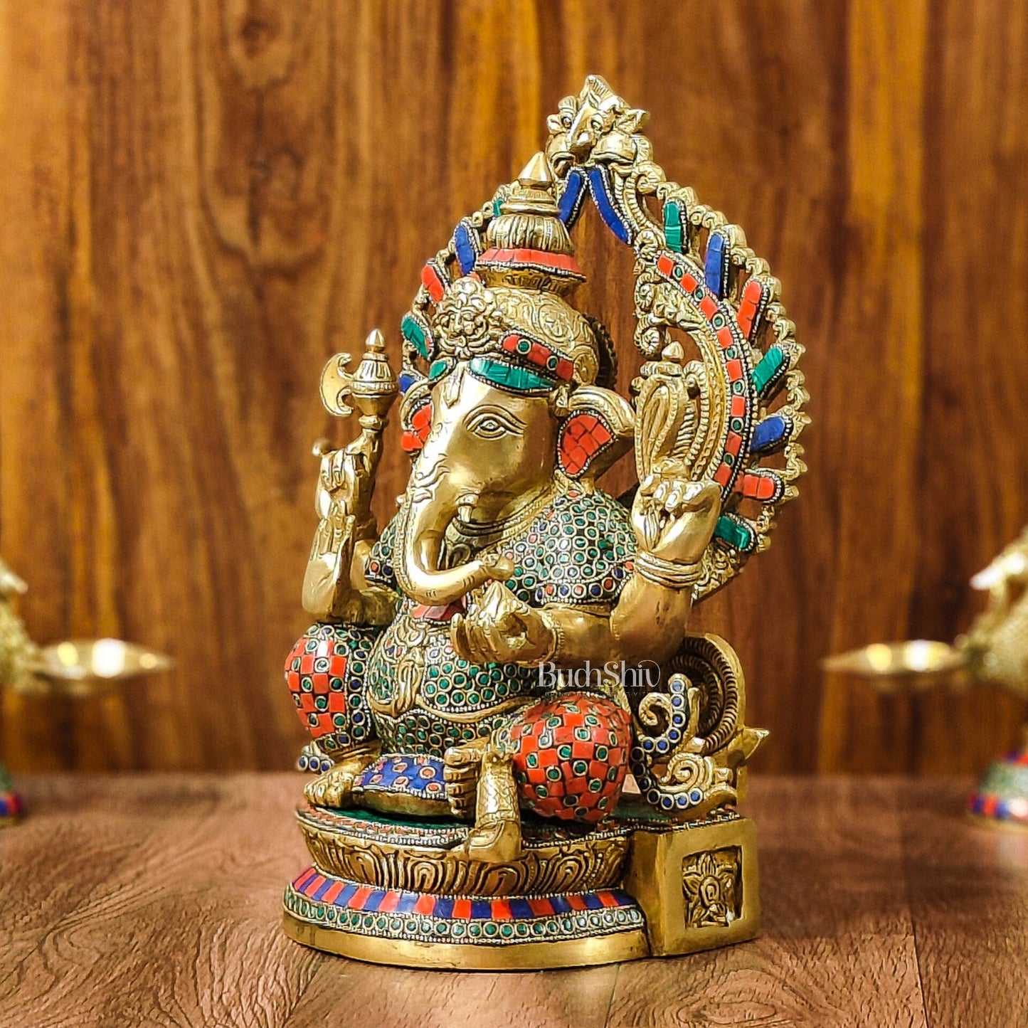 Divine Aura: Brass Ganesha Statue with Natural Stone-Adorned Prabhavali 14" - Budhshiv.com