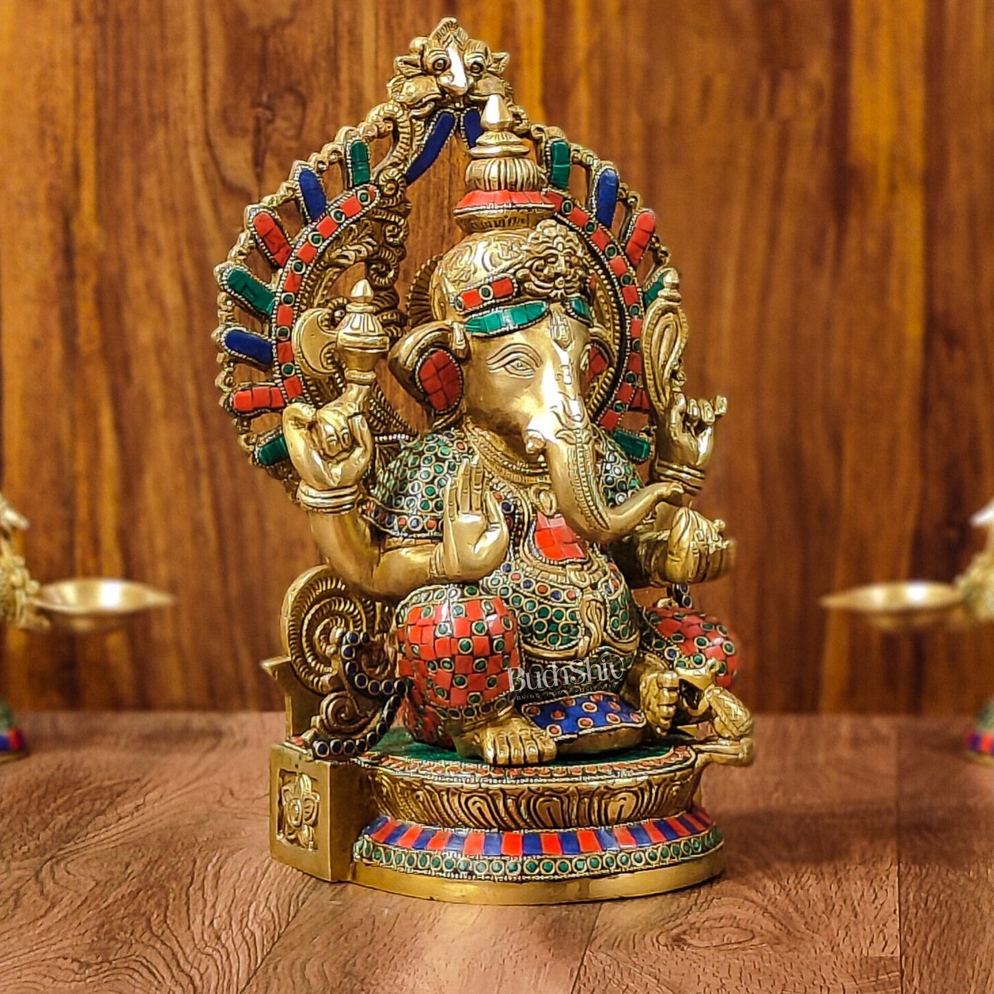 Divine Aura: Brass Ganesha Statue with Natural Stone-Adorned Prabhavali 14" - Budhshiv.com