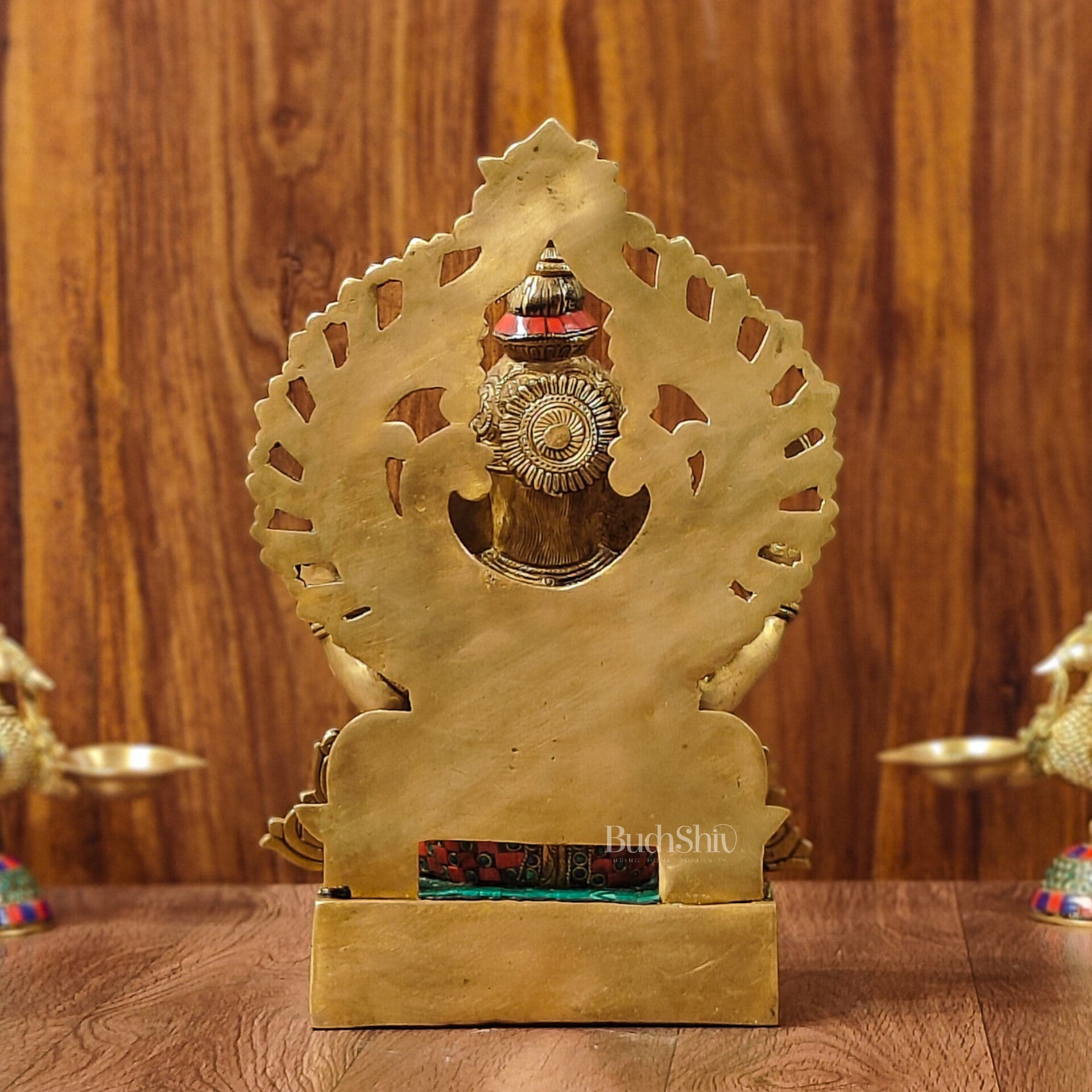 Divine Aura: Brass Ganesha Statue with Natural Stone-Adorned Prabhavali 14" - Budhshiv.com