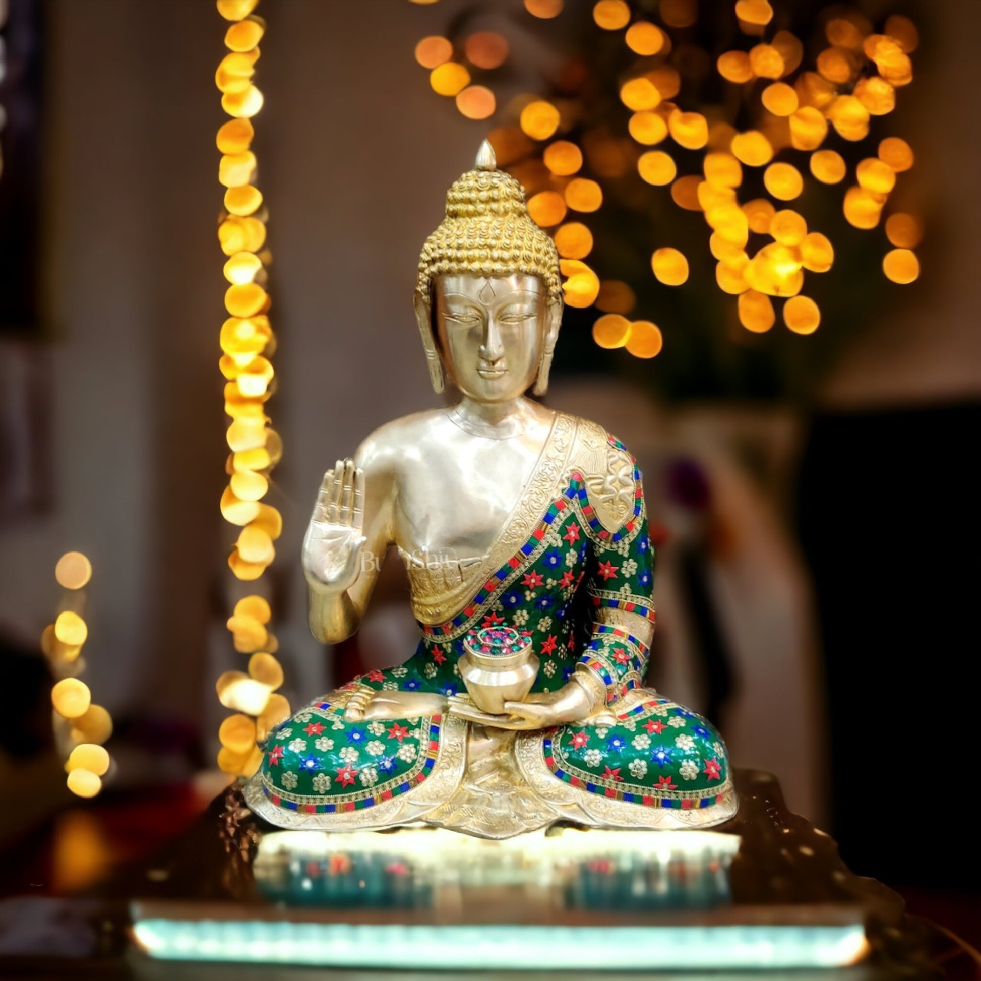 Divine Blessings: Buddha Brass Idol in Abhaya Mudra with Medicine - 23 inch - Budhshiv.com