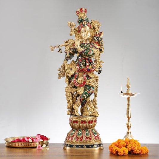 Divine Brass Handcrafted Ever Smiling Krishna Kanhaiya Statue 29" - Budhshiv.com