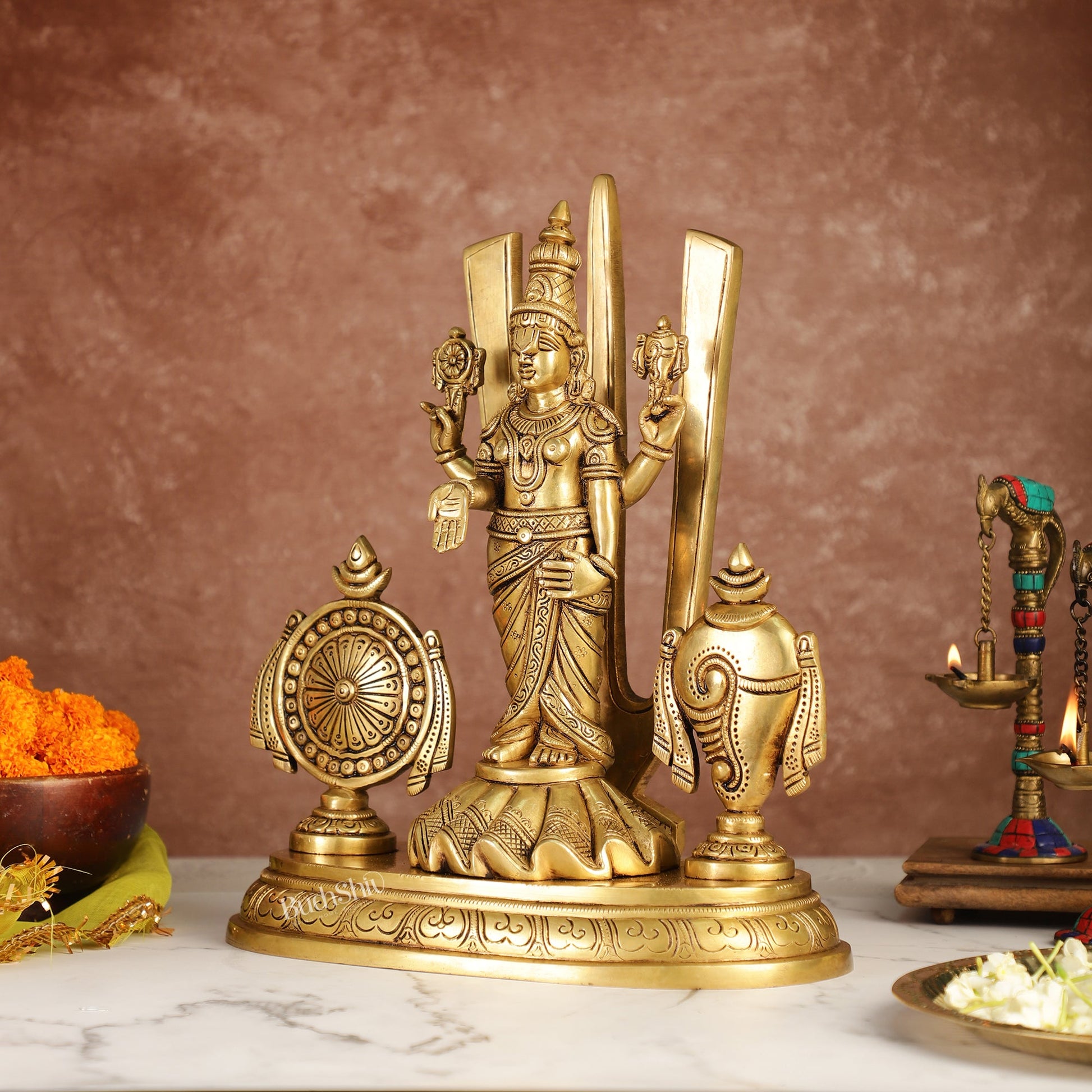 Divine Brass Idol of Lord Tirupati Balaji with Shankh Chakra | 14.5 Inch - Budhshiv.com