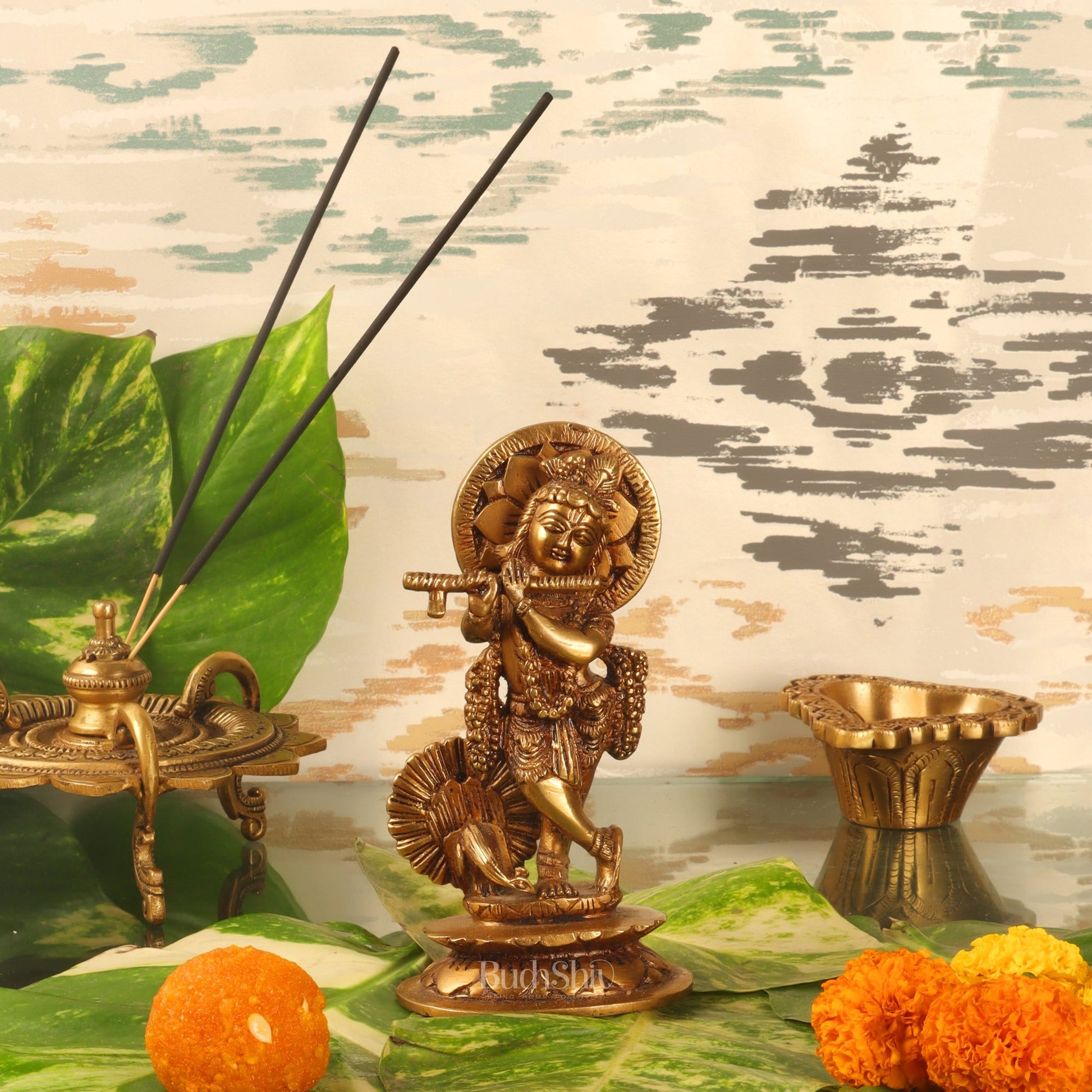 Divine Brass Krishna Idol with Peacock | Height 6.5 Inch - Budhshiv.com