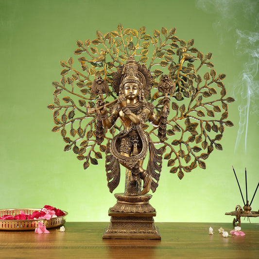 Divine Brass Krishna statue with Kalpavriksha Tree - 24 inches - Budhshiv.com