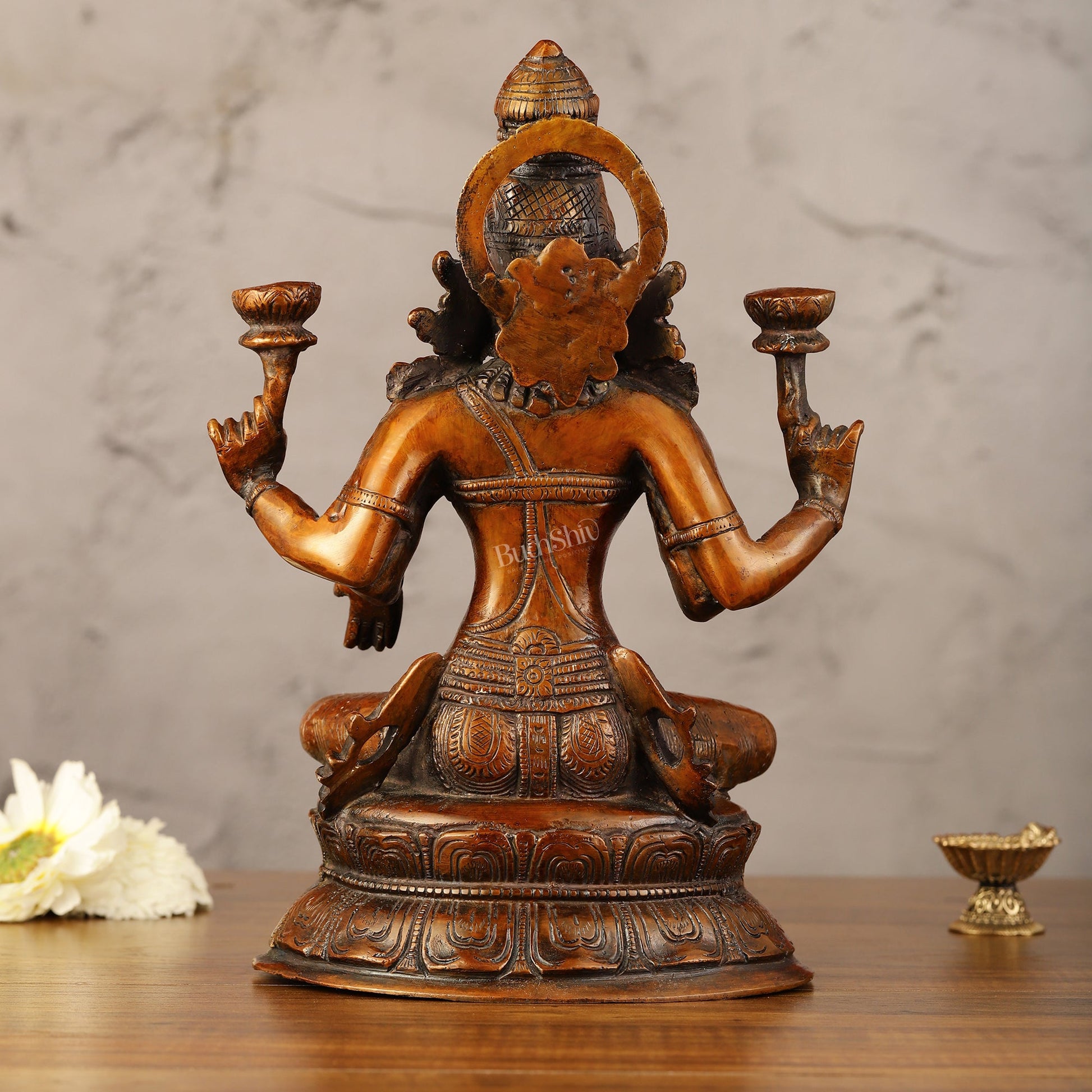 Divine Brass Lakshmi Idol - 11" Height | Antique Bronze Touch - Budhshiv.com