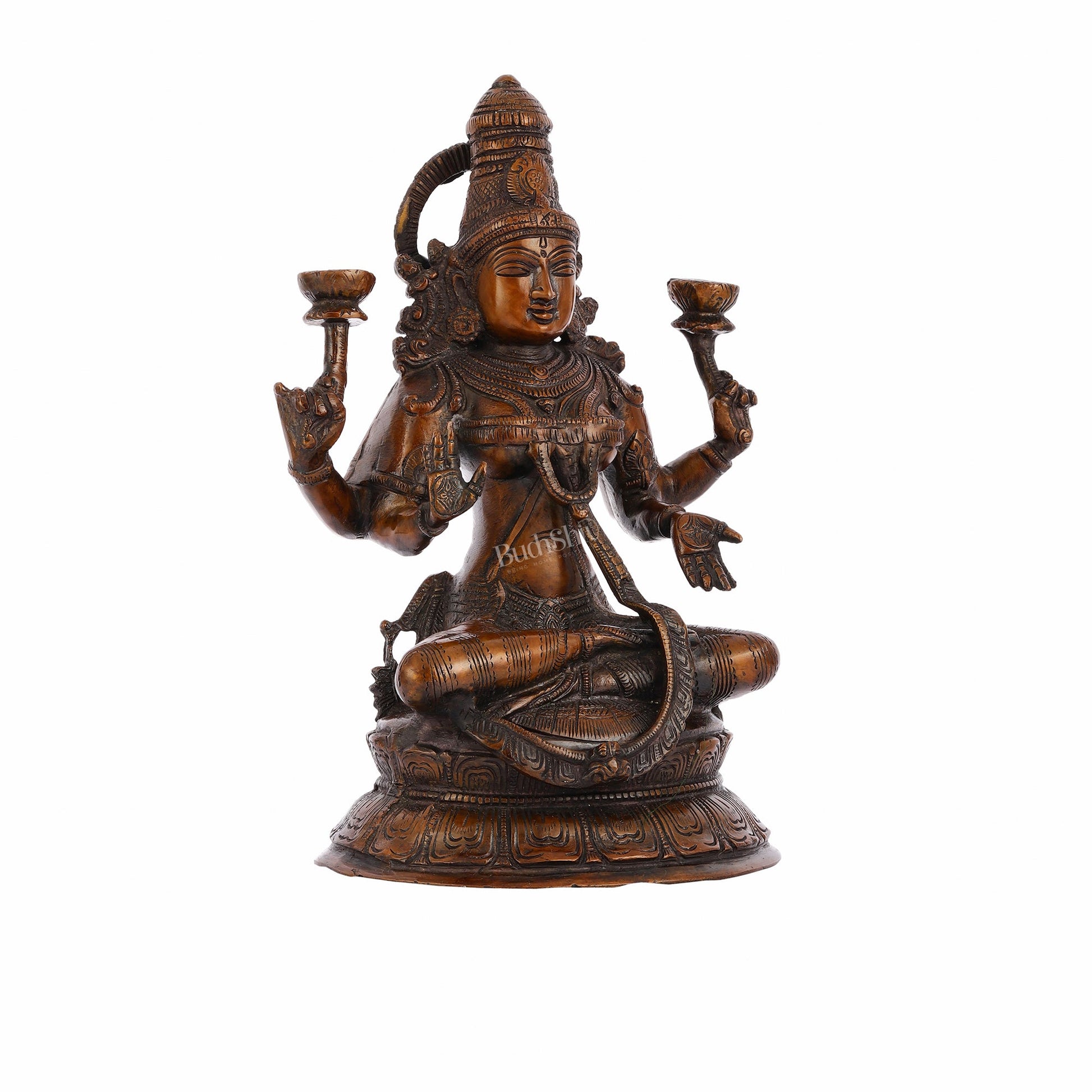 Divine Brass Lakshmi Idol - 11" Height | Antique Bronze Touch - Budhshiv.com
