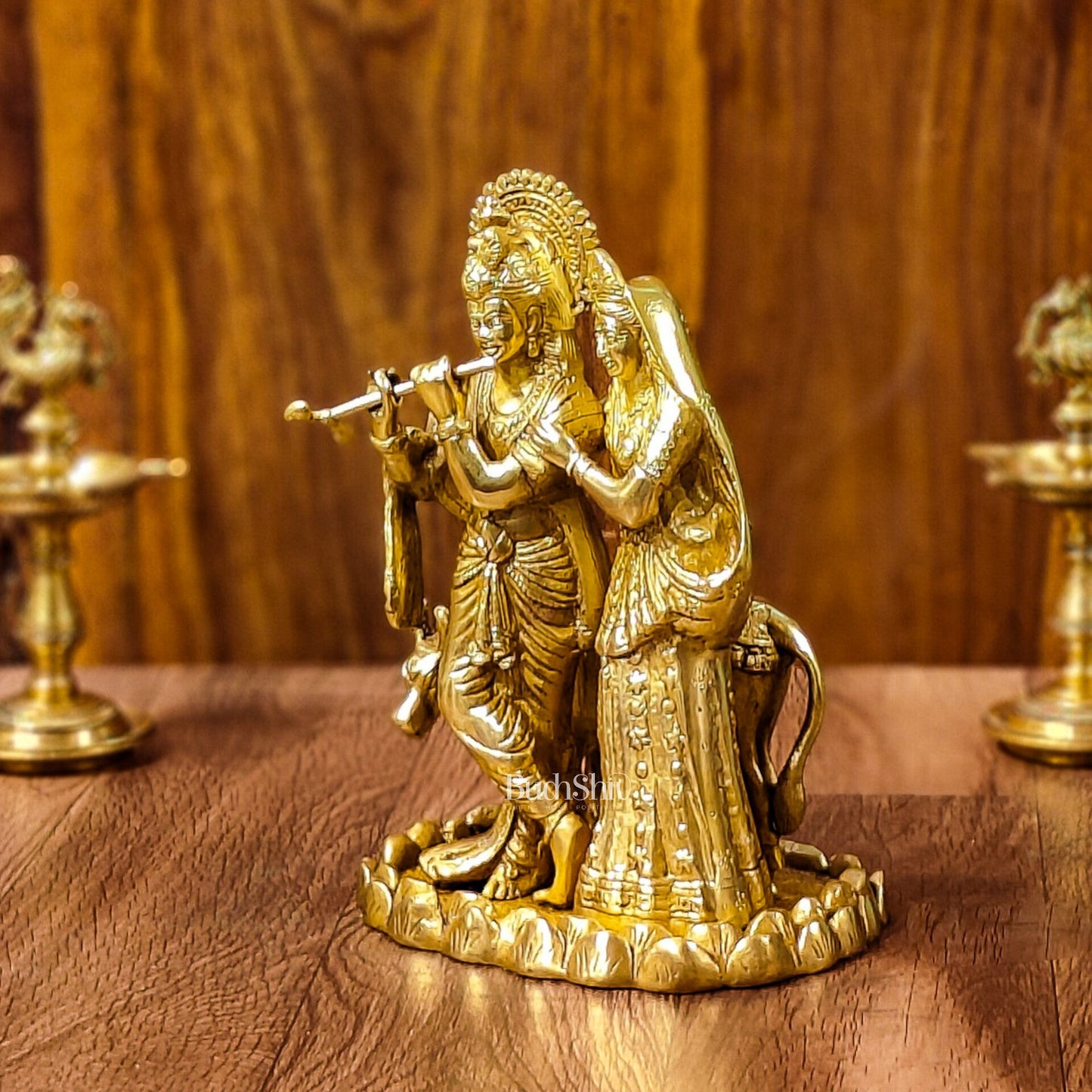 Divine Brass Radha Krishna with Cow Idol 10" - Budhshiv.com