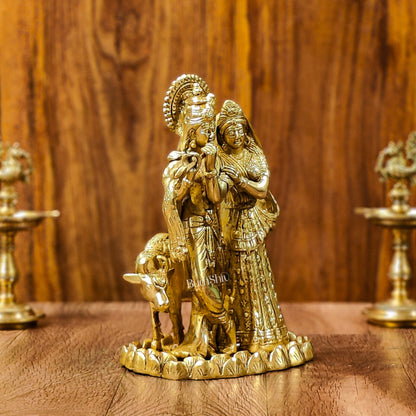 Divine Brass Radha Krishna with Cow Idol 10" - Budhshiv.com