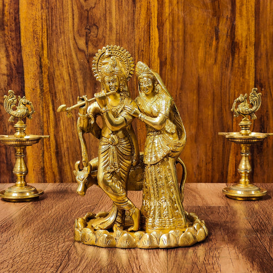 Divine Brass Radha Krishna with Cow Idol 10" - Budhshiv.com