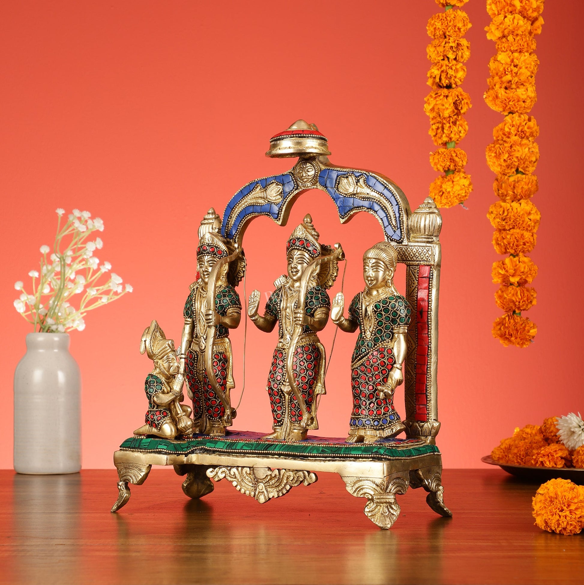 Divine Brass Ram Darbar with Natural Stone Dressing - 13 Inches - Budhshiv.com