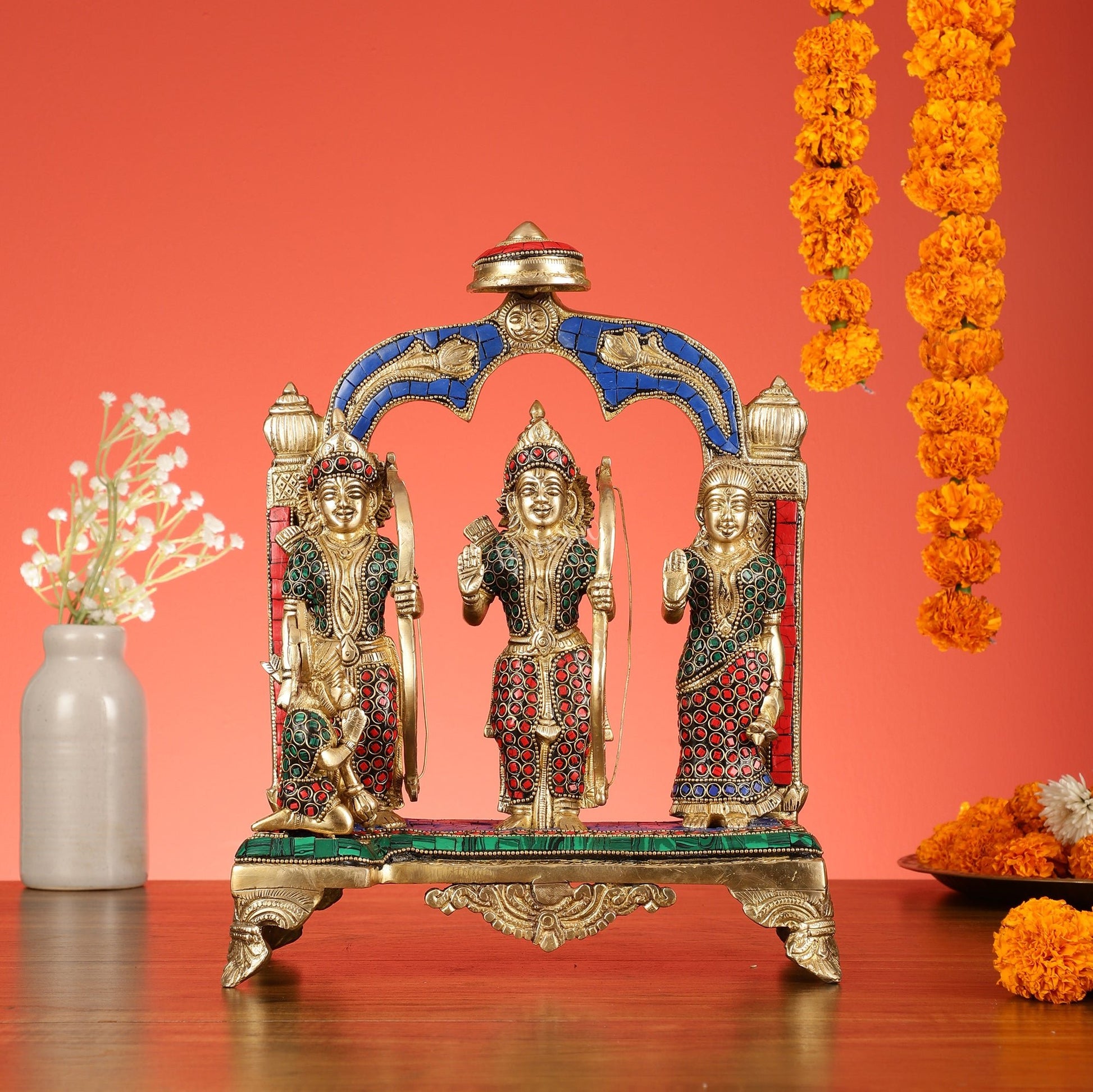 Divine Brass Ram Darbar with Natural Stone Dressing - 13 Inches - Budhshiv.com